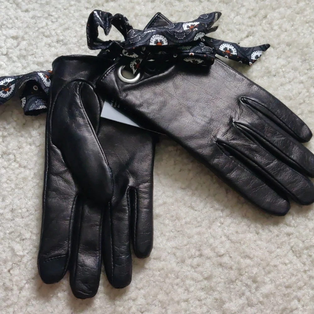 New!Echo Elegant Black Leather Gloves with Scarf Detail Vintage Inspired Y2k